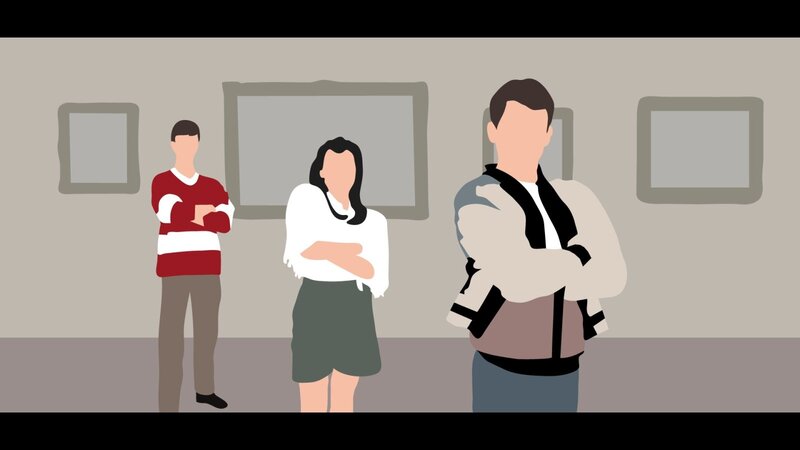 Three People in Gallery — Gray