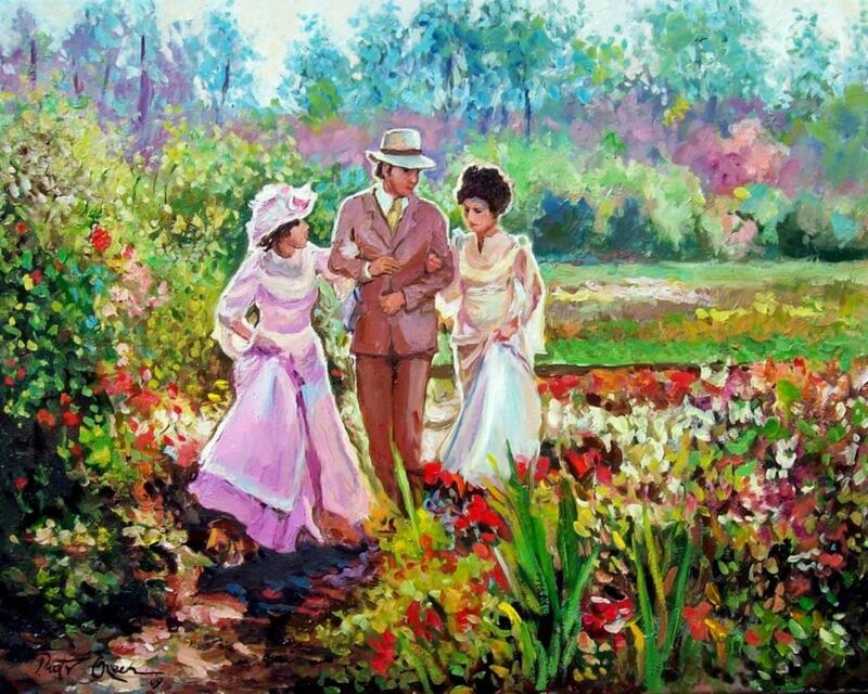 Three People in Garden — Green