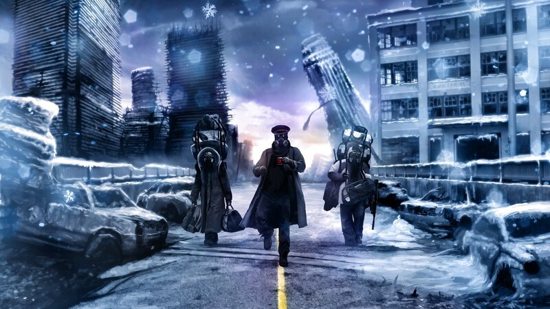 Three People in Gas Masks — Blue, Dramatic, Winter