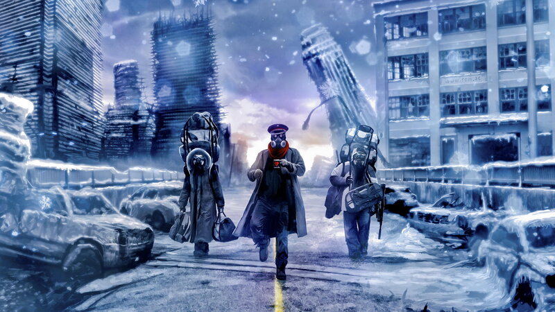Three People in Gas Masks — Blue