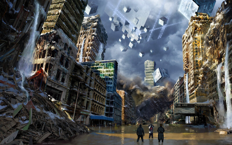 Three People in Ruined City — Gray