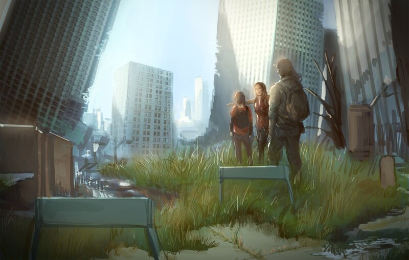 Three People in Ruined City — Green
