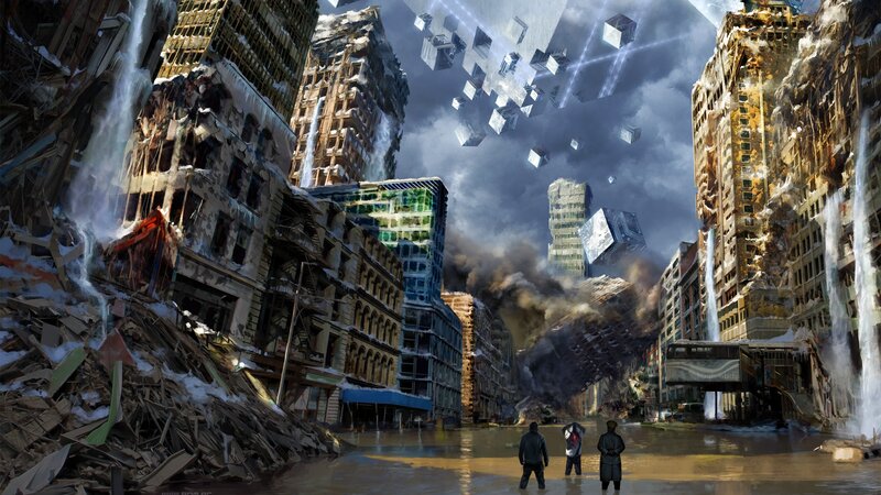 Three People in Ruined City