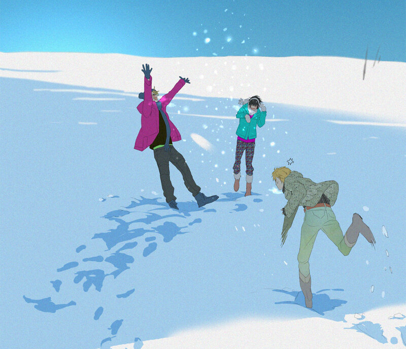 Three People in Snow — Blue, Playful