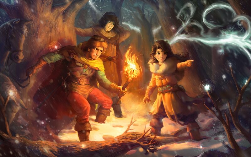 Three People in Snowy Forest — Orange
