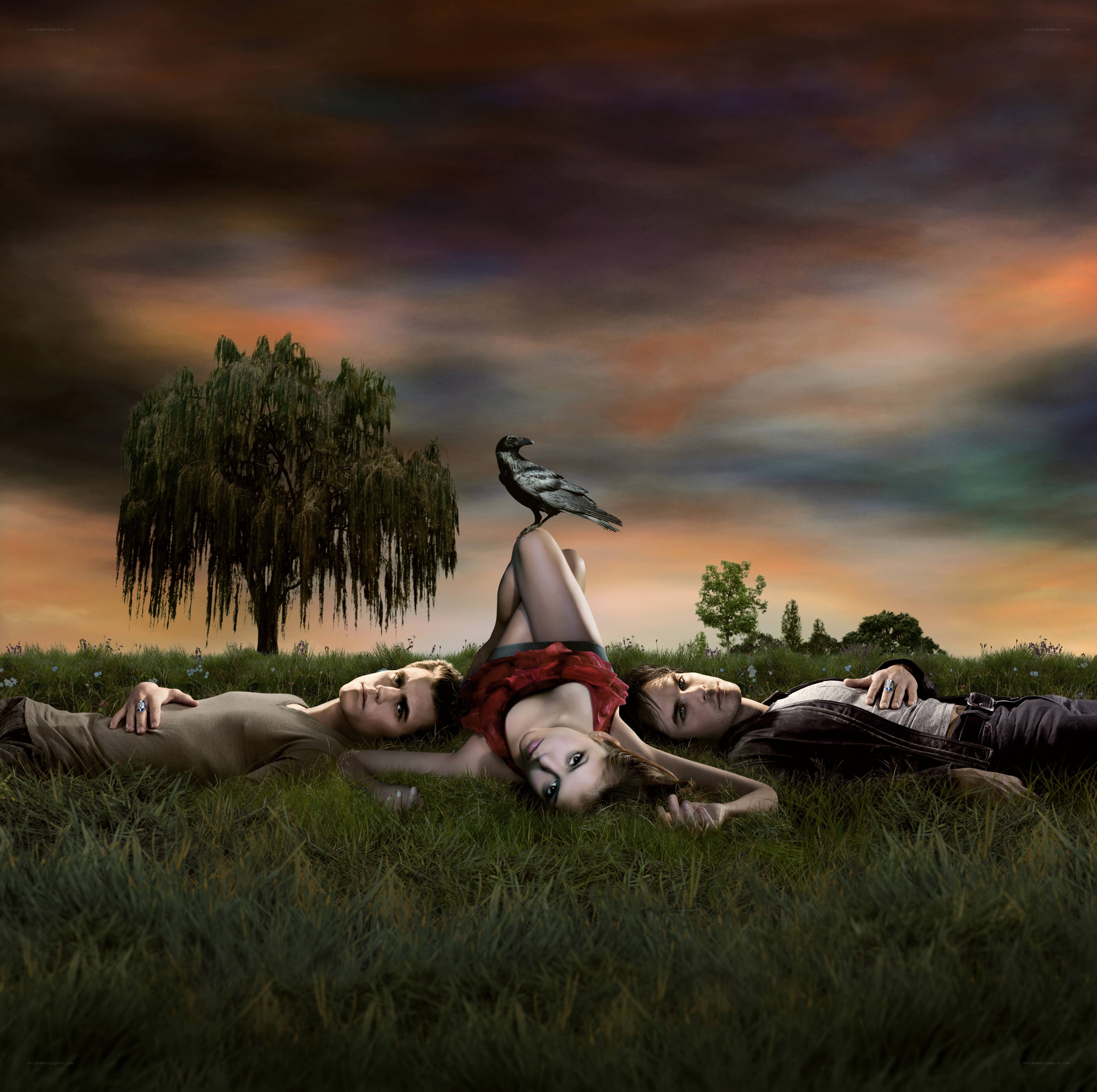 Three people lying in a field