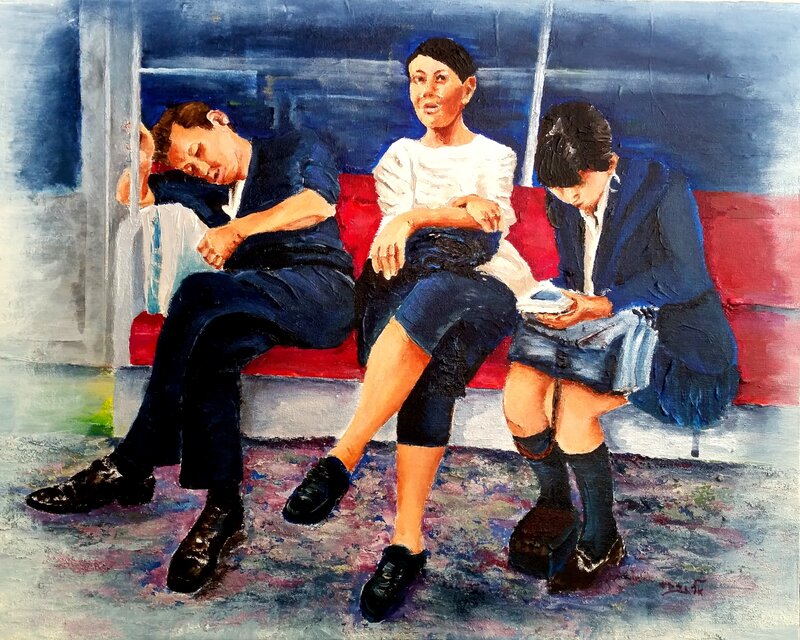 Three People on a Bench — Red