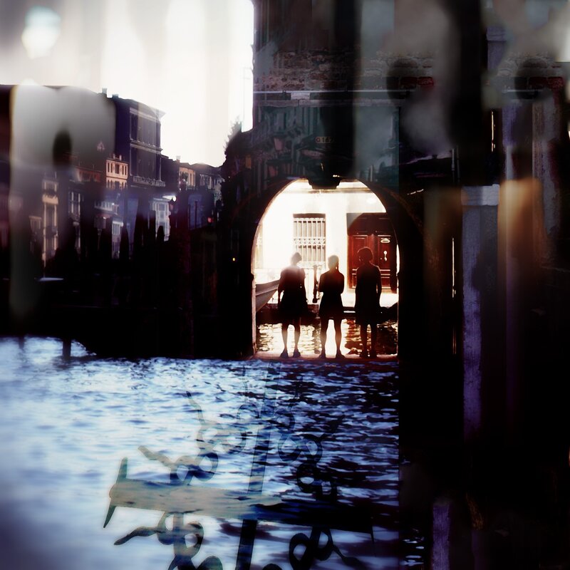Three People on a Bridge — Blue, Dramatic
