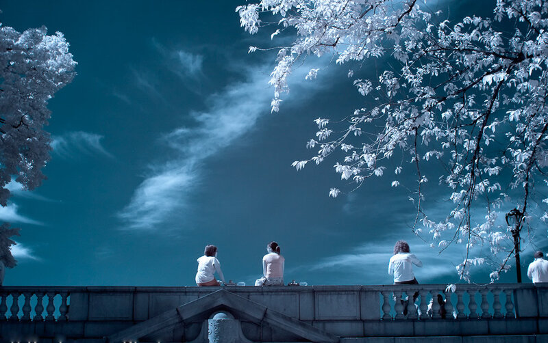 Three People on a Bridge — Blue