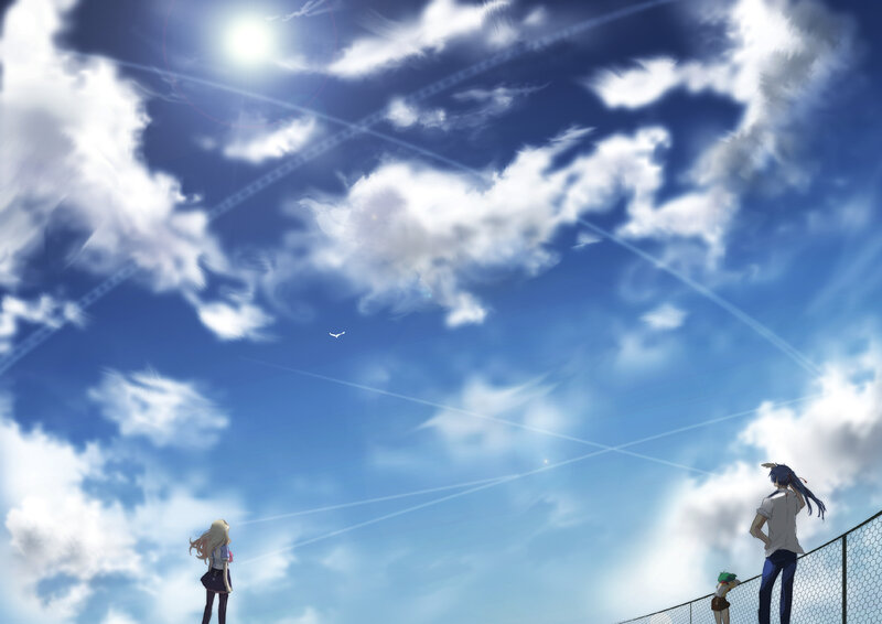 Three People on a Rooftop — Blue, Serene