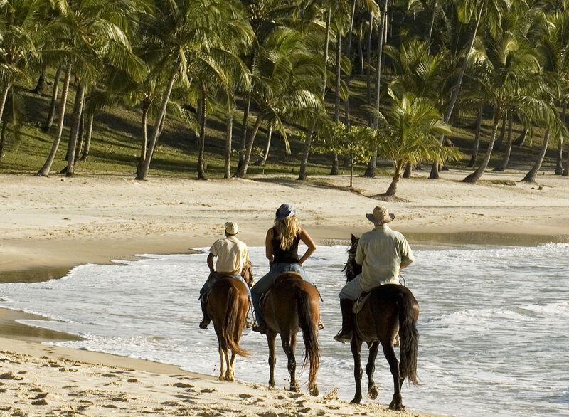 Three People on Horses — Brown