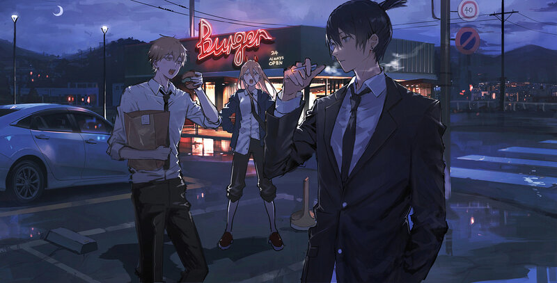 Three People on Street — Blue, Dramatic