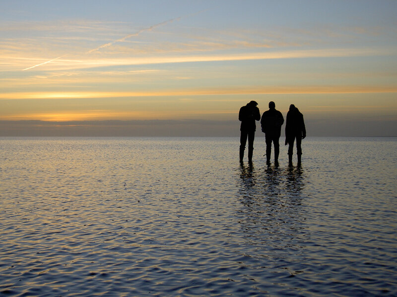 Three people silhouetted at sunset