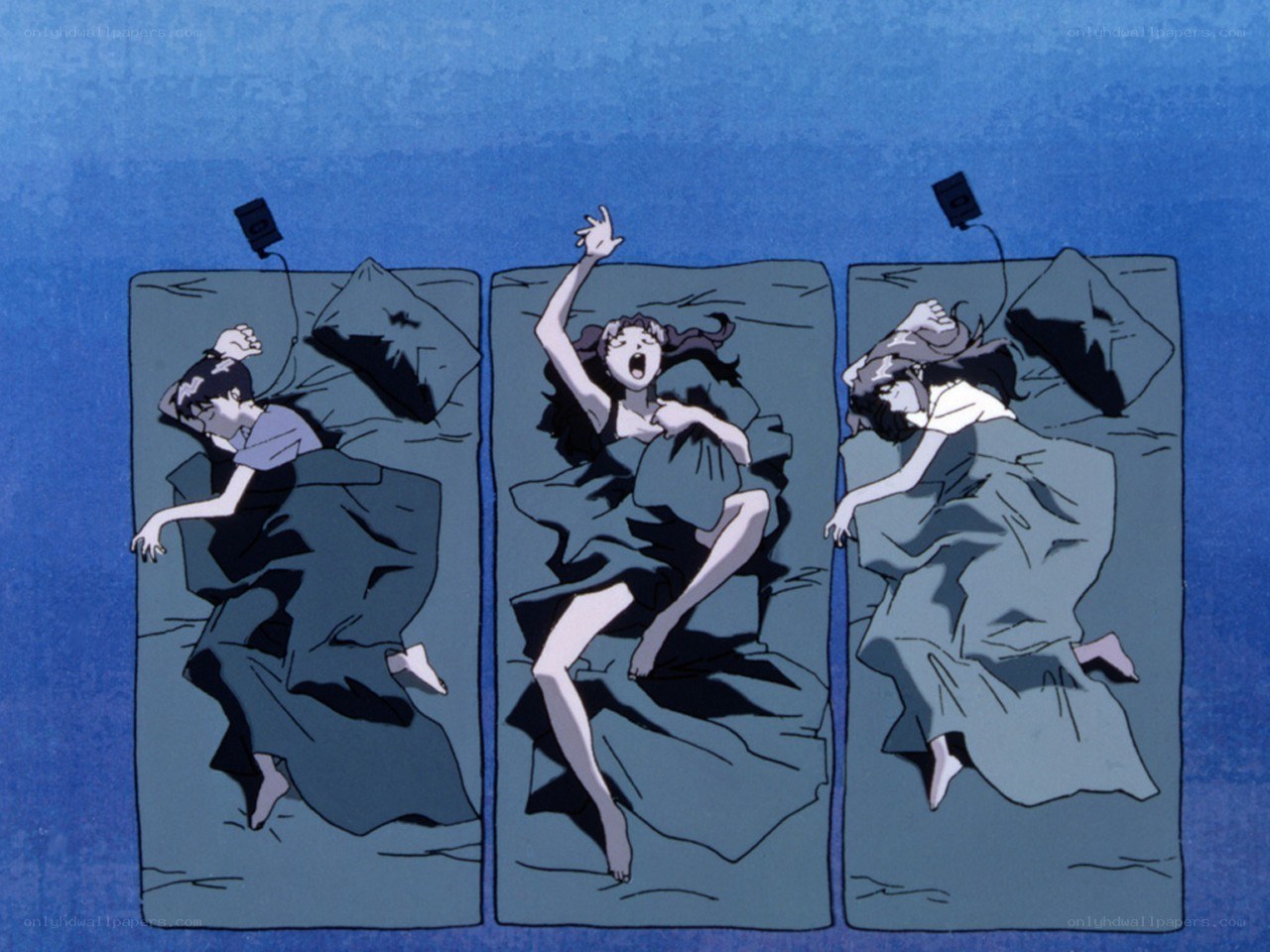 Three people sleeping in beds