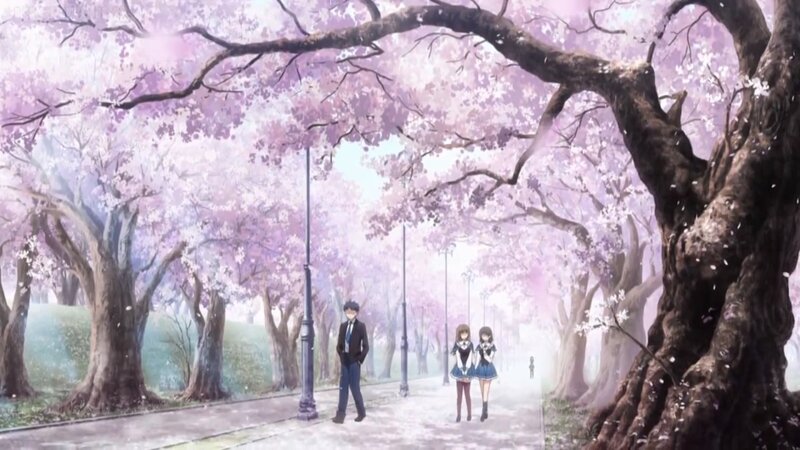 Three People under Cherry Blossoms — Pink, Serene