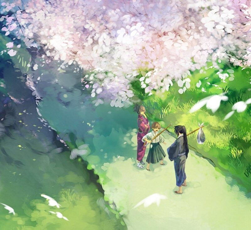 Three People under Cherry Blossoms — Pink