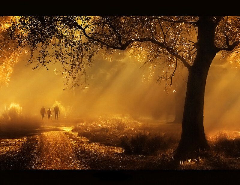 Three People Walking — Gold
