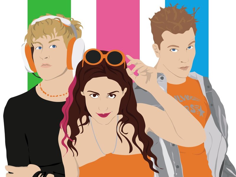 three people with headphones and sunglasses