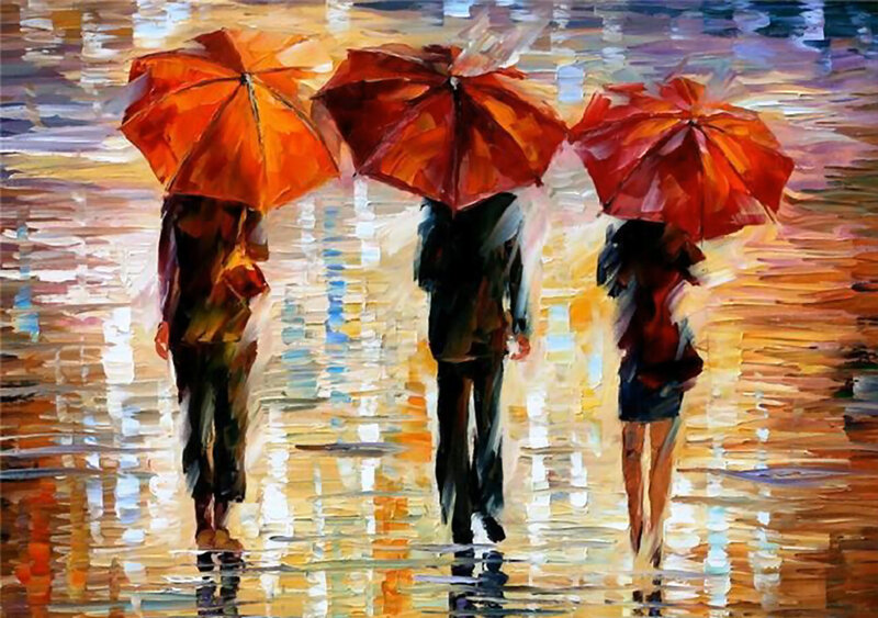 Three People with Umbrellas