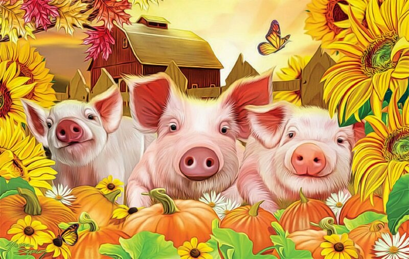 Three Piglets in Pumpkins