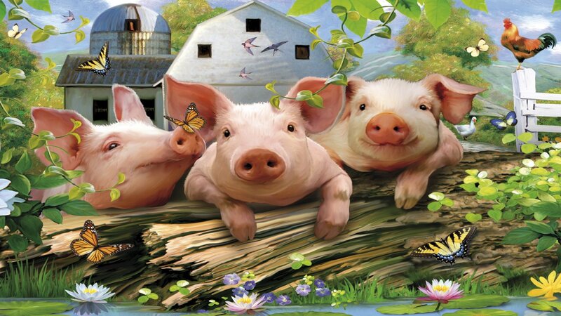 Three Piglets on Log — Green
