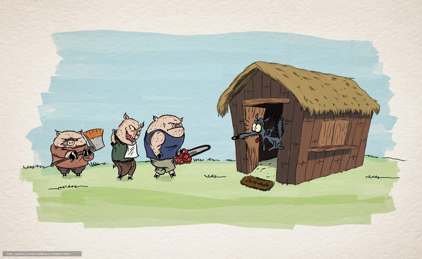 Three pigs confront a wolf