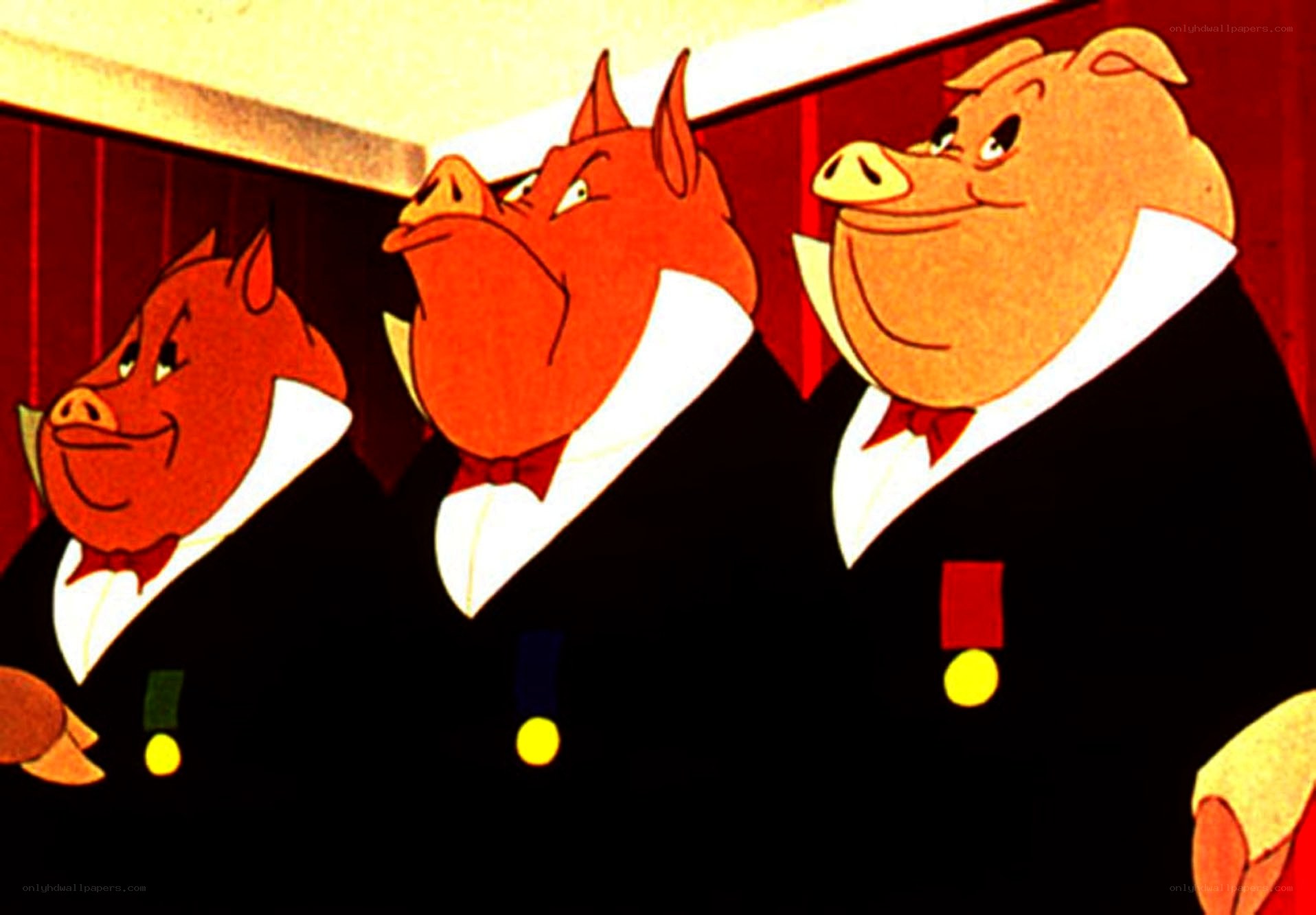 Three pigs in tuxedos