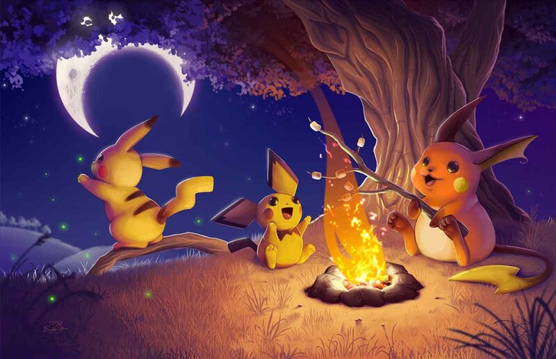 Three Pikachu Around a Campfire