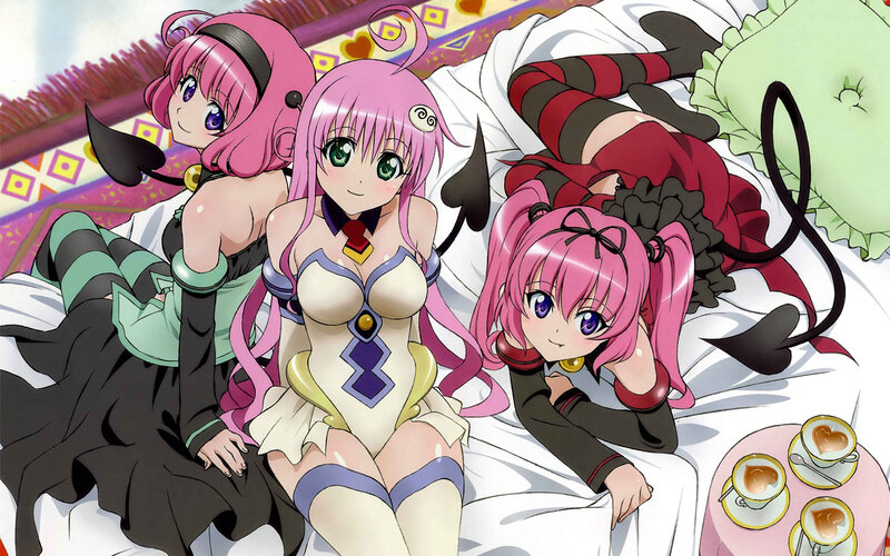 three pink-haired anime girls on a bed