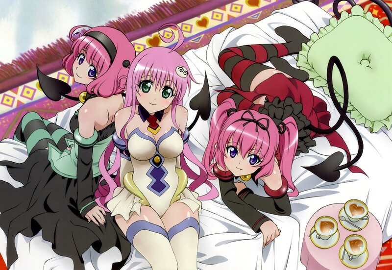 Three pink-haired anime girls on a bed