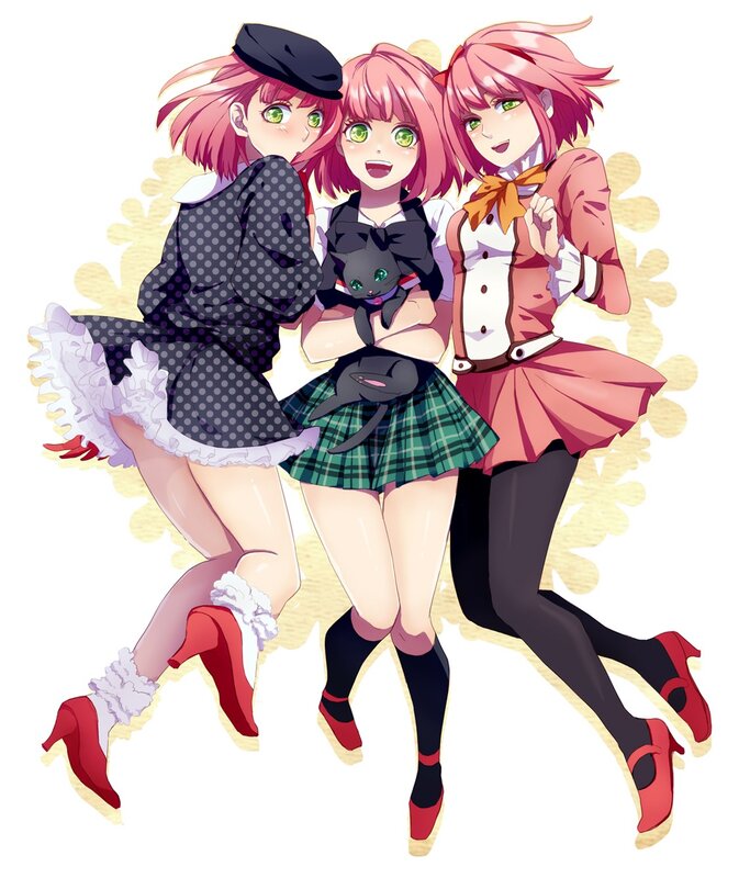 three pink-haired girls in school uniforms