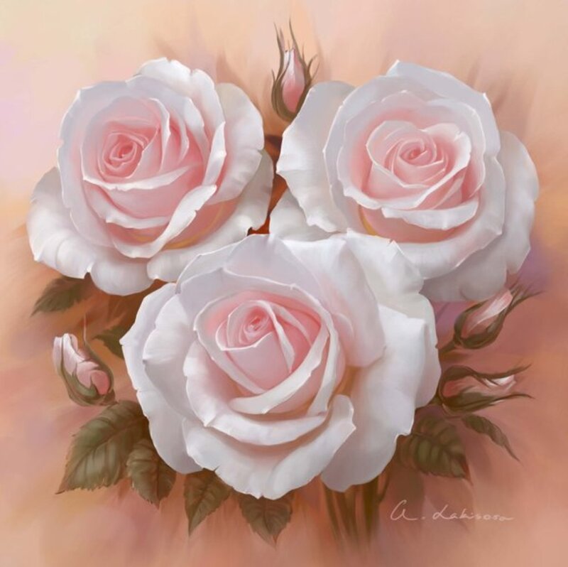 Three Pink Roses — Serene, Painting, Buds