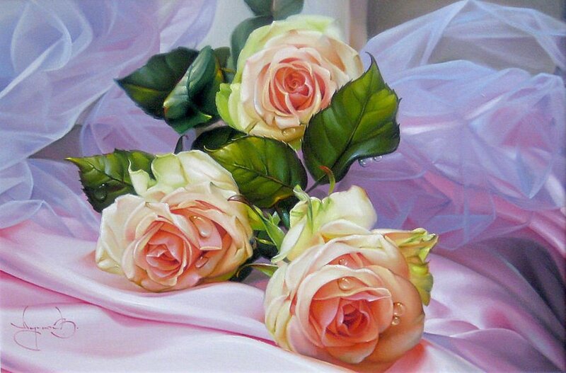 Three Pink Roses — Serene, Painting, Leaves, Fabric