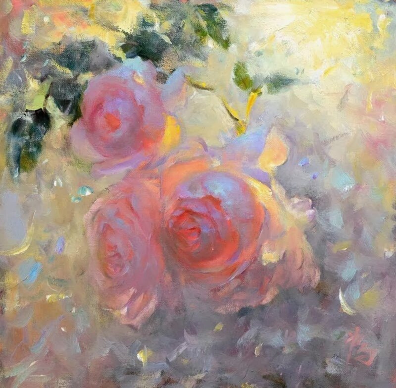 Three Pink Roses — Serene, Painting, Leaves