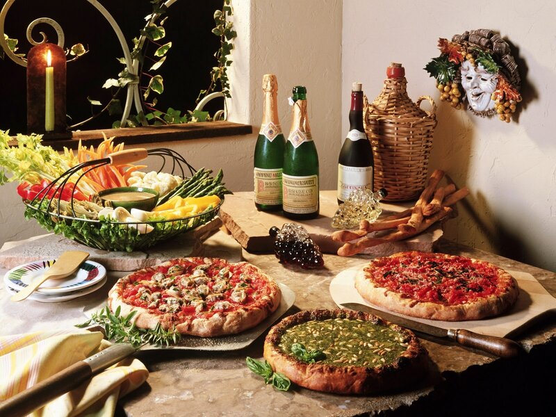 Three Pizzas on Table — Brown, Rustic