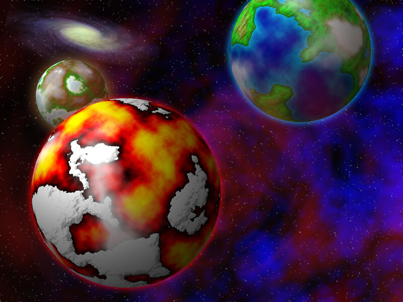 Three Planets in Space — Blue, Dramatic, Digital Art, Galaxy