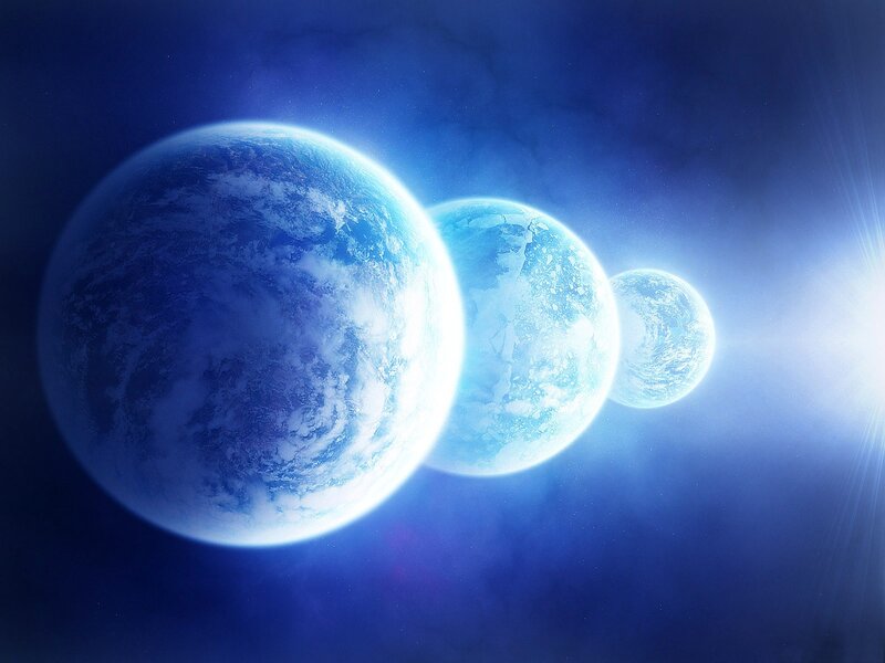 Three Planets in Space — Blue, Dramatic, Digital Art, Stars, Sunlight