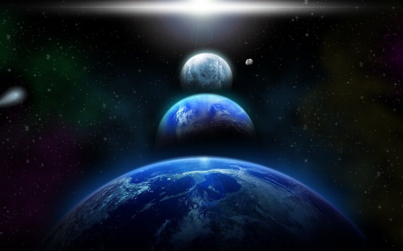 Three Planets in Space — Blue, Dramatic, Digital Art, Stars