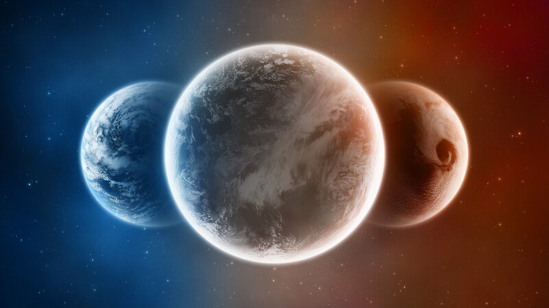 Three Planets in Space — Blue, Dramatic, Digital Art