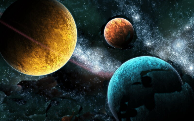 Three Planets in Space — Blue, Dramatic