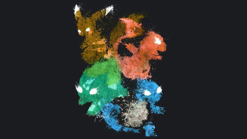 Three Pokémon Characters — Green, Abstract
