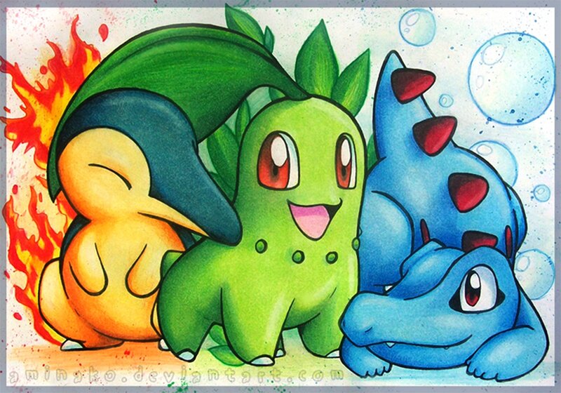 Three Pokémon Characters — Green, Playful, Digital Art