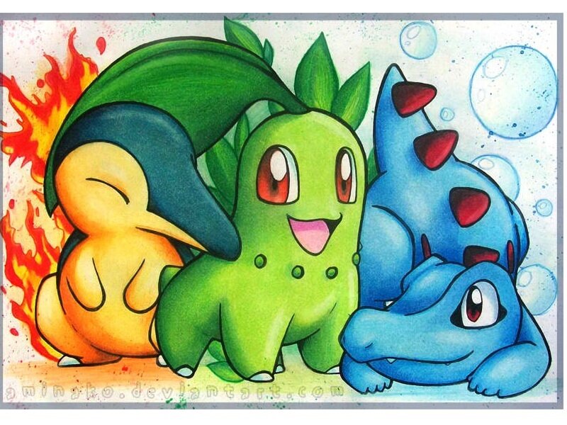 Three Pokémon Characters — Green, Playful