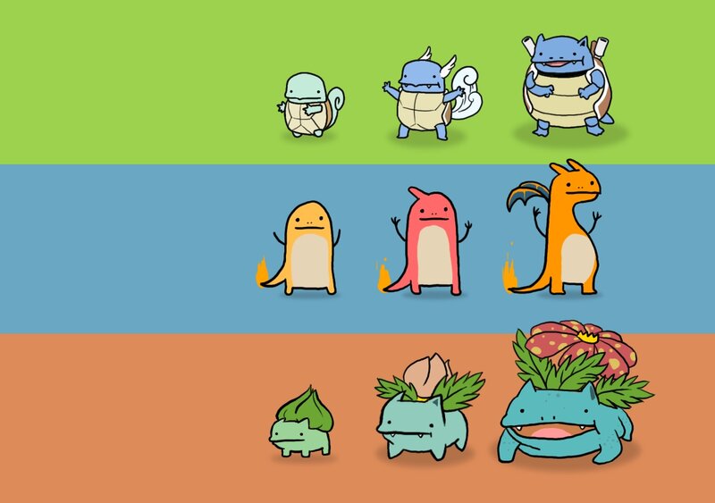 Three Pokémon Evolution Lines — Green, Playful