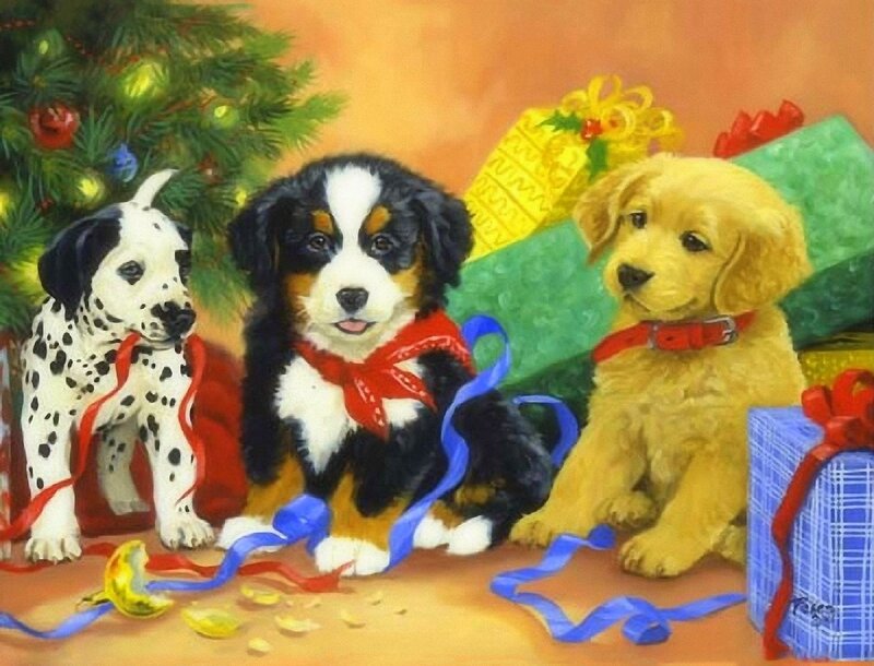 Three Puppies at Christmas — Green