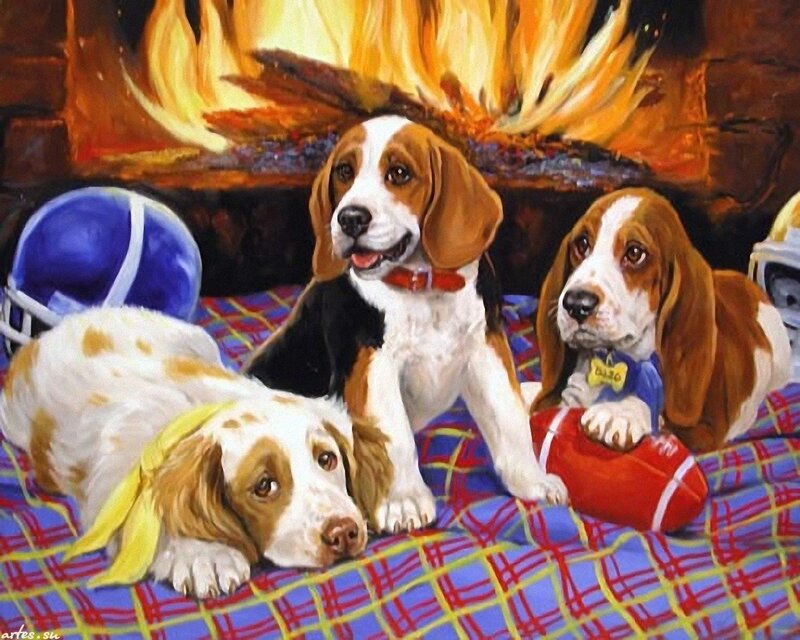Three Puppies by Fireplace