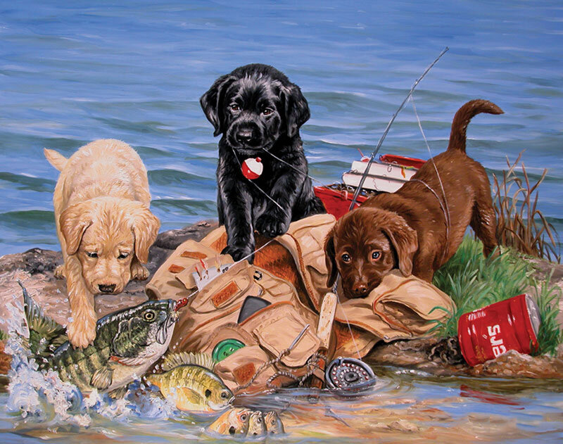 Three Puppies Fishing