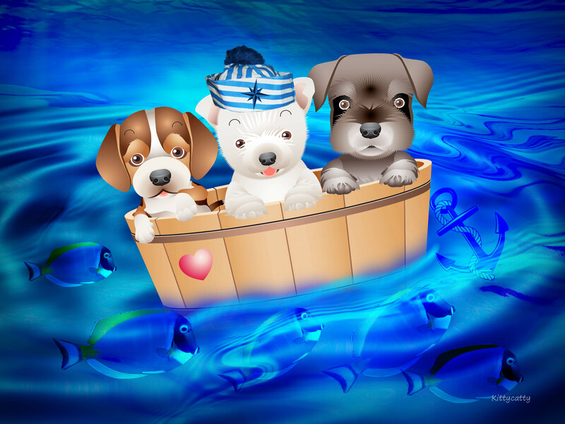 Three Puppies in a Boat