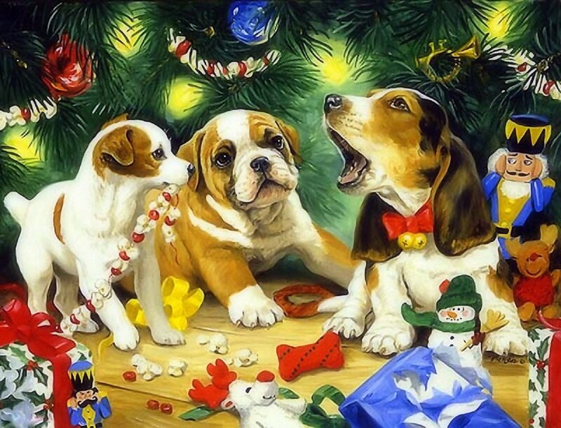 Three Puppies under Tree — Green, Festive
