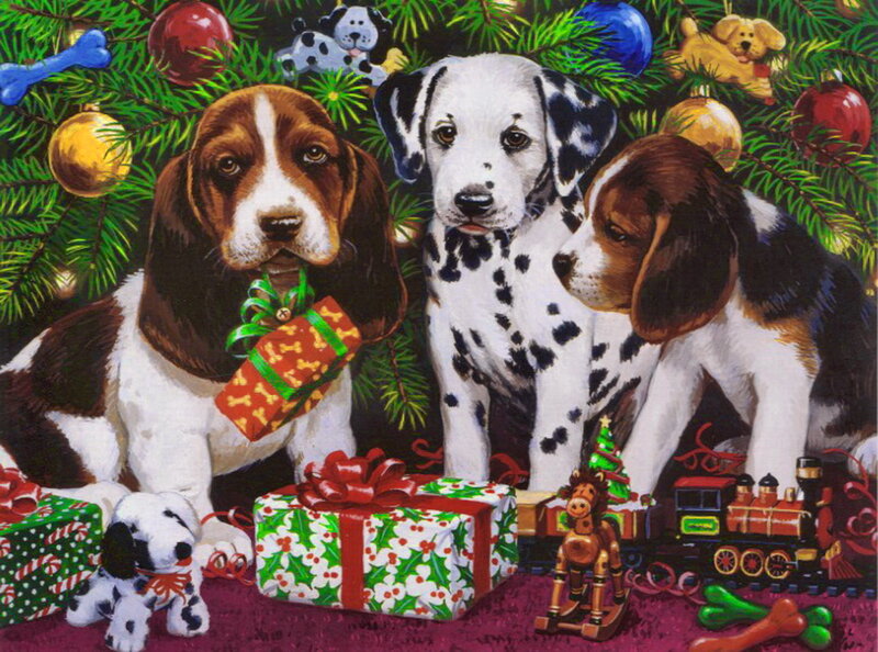 Three Puppies under Tree — Green